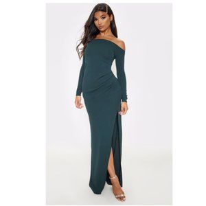 emerald green wrap over long sleeve bardot maxi dress